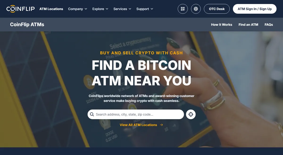 CoinFlip 公开网点页，可输入地址、城市或邮编查找机器