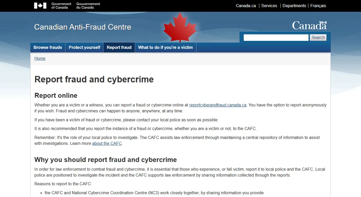 加拿大反欺诈中心公开报案页，Report online 段提供线上报案入口，并提醒受害者尽快联系本地警方