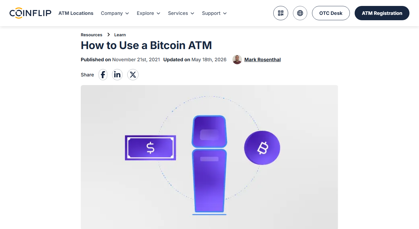 CoinFlip 公开操作说明页，标题为 How to Use a Bitcoin ATM
