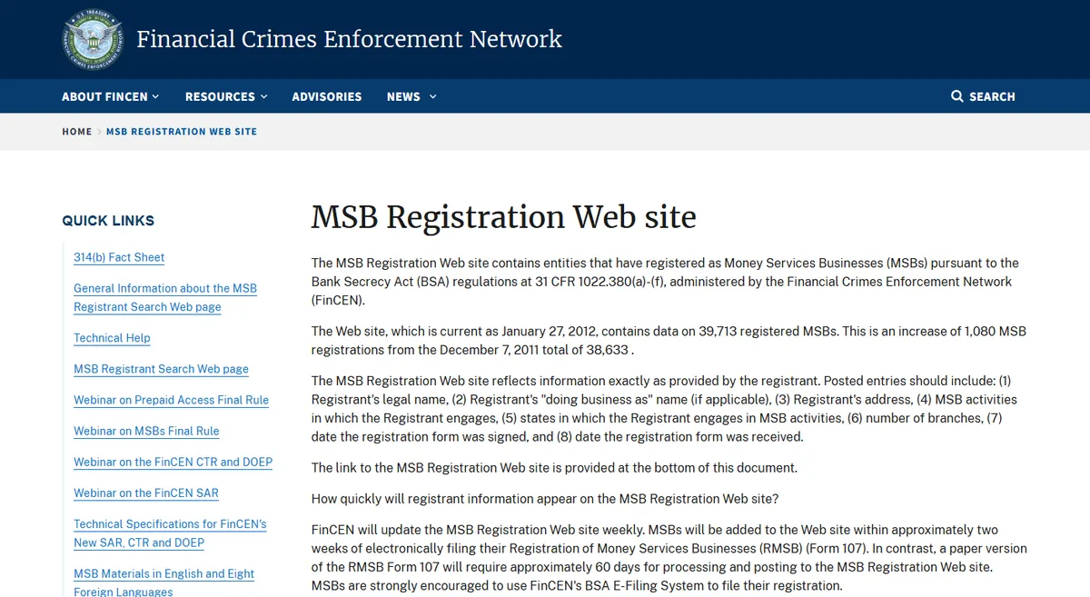 FinCEN 官网 MSB Registration Web site 说明页，列出登记条目包含法定名称、对外名称、地址、业务类型、所在州等八项
