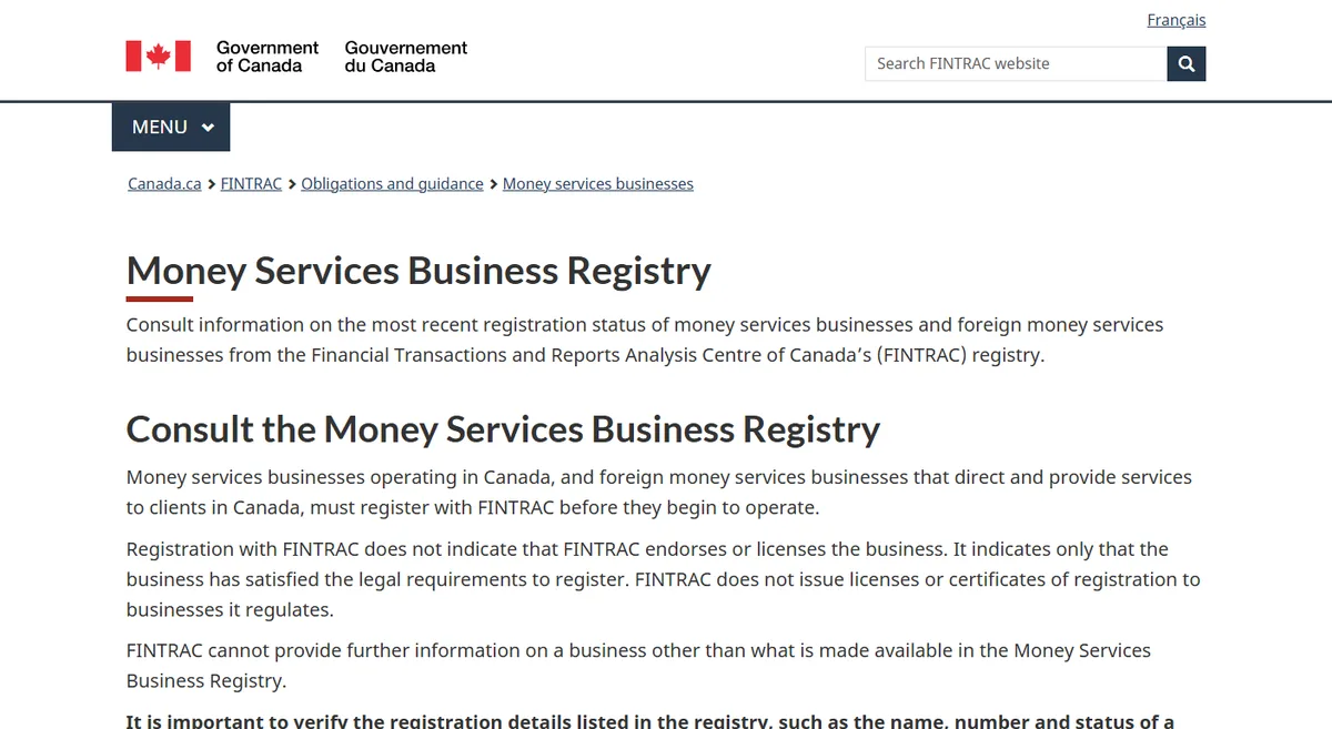FINTRAC 货币服务业务登记册页面顶部，写明登记不代表 FINTRAC 背书或发放执照